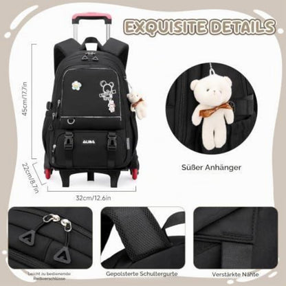 Schulrucksack Trolley Mädchen Teenager 6 Rollen Schwarz