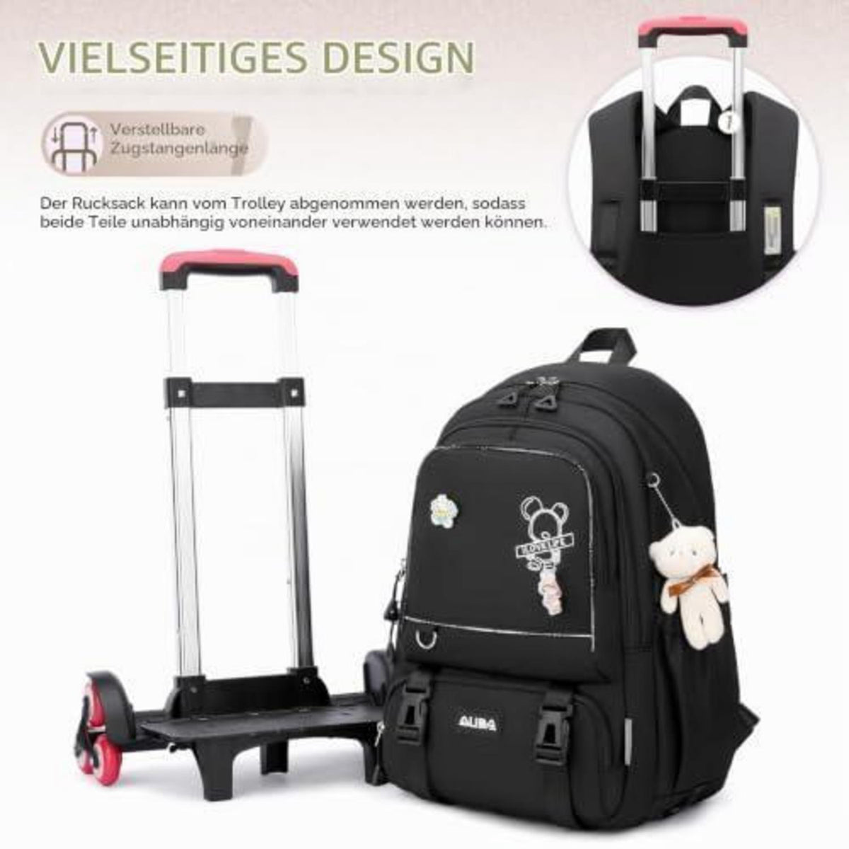 Schulrucksack Trolley Mädchen Teenager 6 Rollen Schwarz