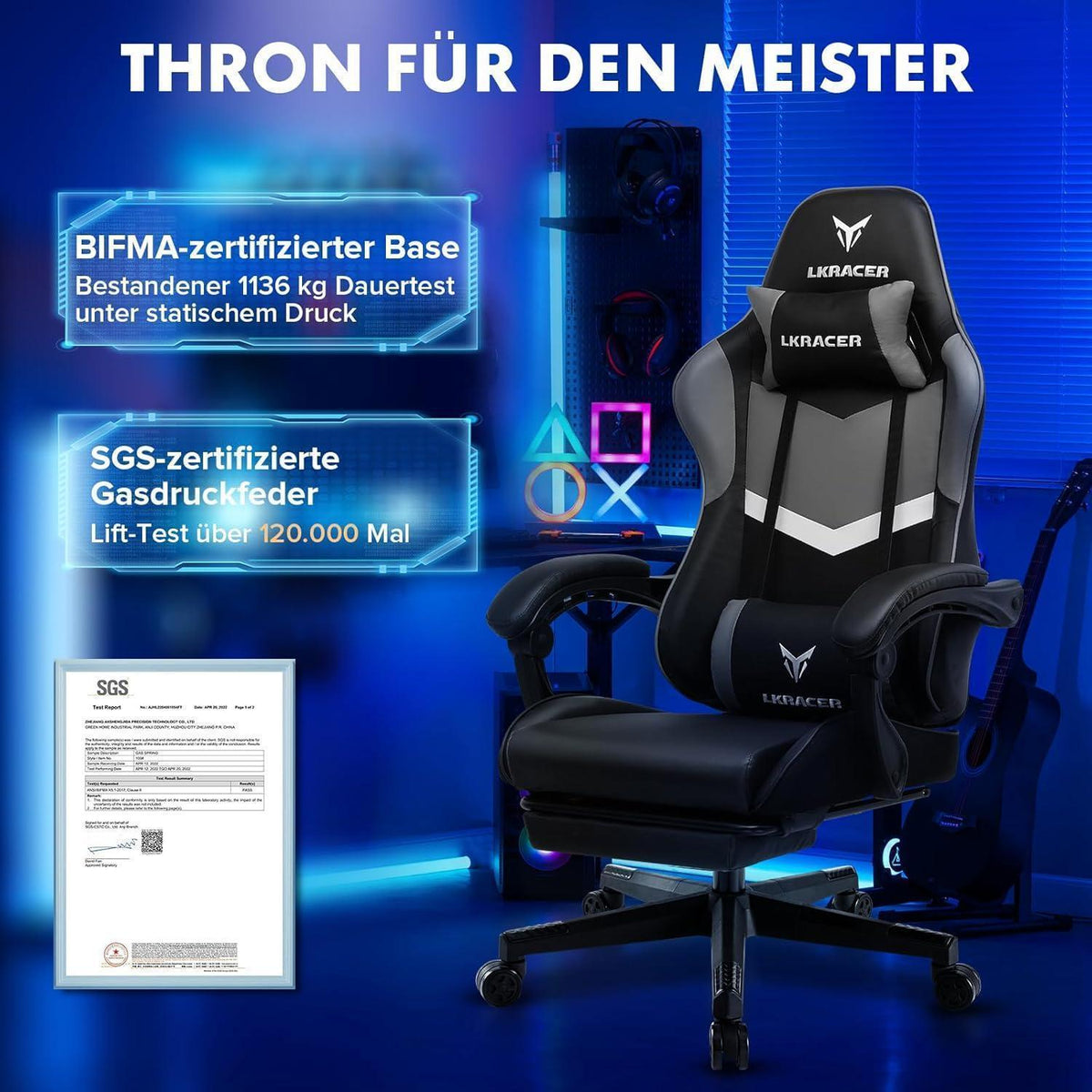 Gaming Stuhl mit Fußstütze, Ergonomisch, Grau
