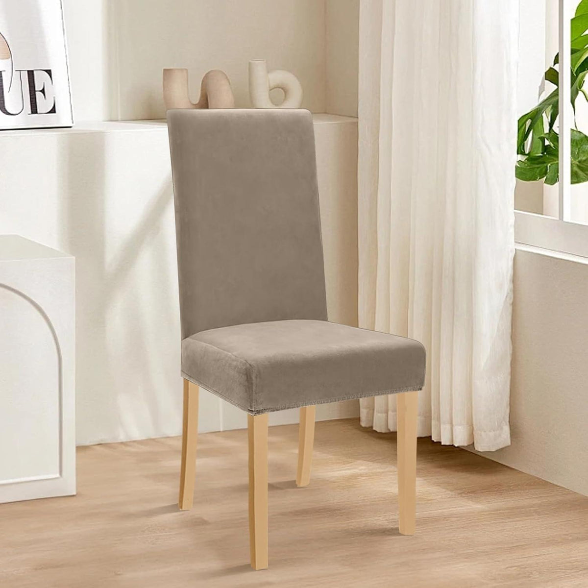 Stretch Samt Stuhlhussen Set – Khaki, 4 Stück