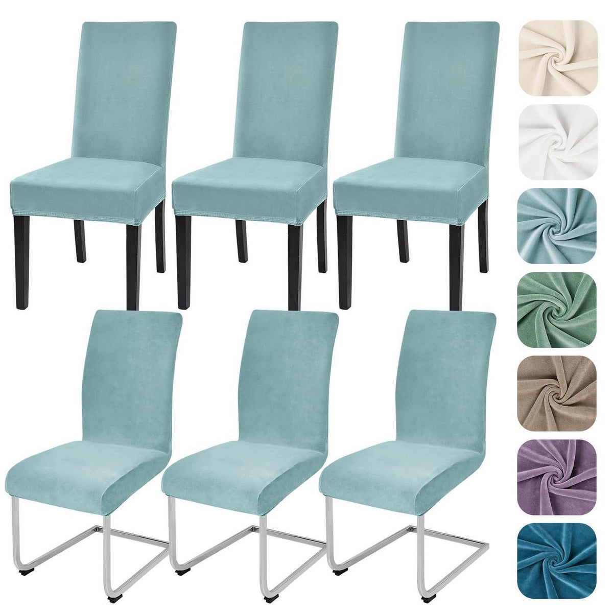 Samt Stuhlhussen 6er Set – Elastisch & Waschbar – Graublau