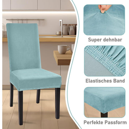 Samt Stuhlhussen 6er Set – Elastisch & Waschbar – Graublau