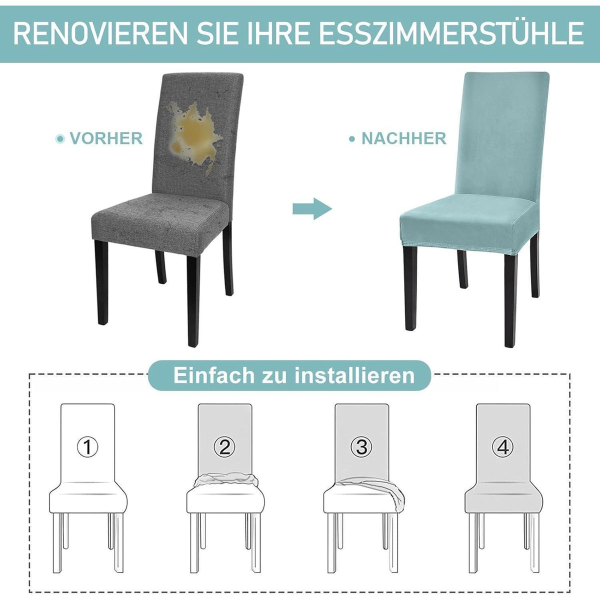 Samt Stuhlhussen 6er Set – Elastisch & Waschbar – Graublau