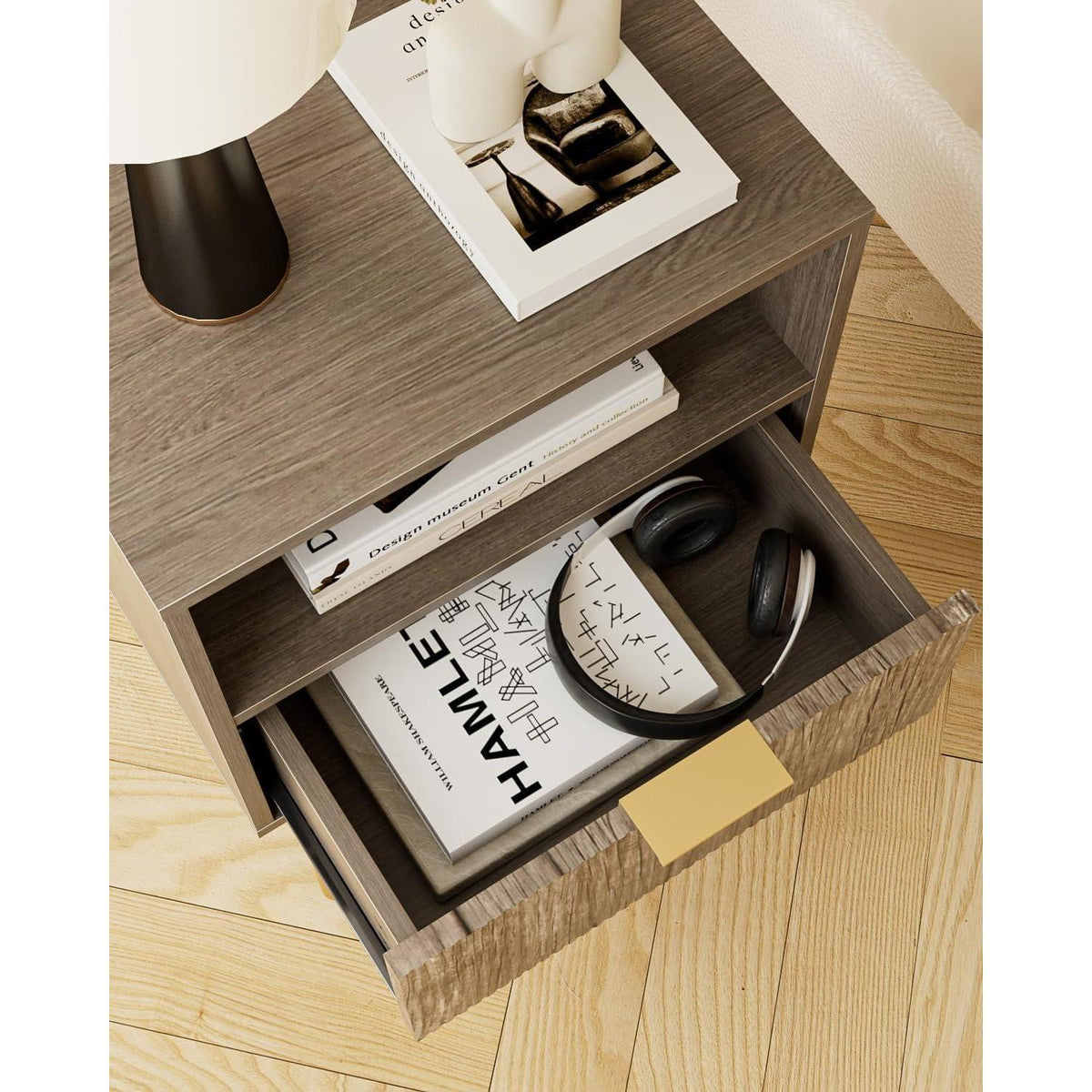 Nachttisch Grau mit Schublade und Ablage, Modern & Boho