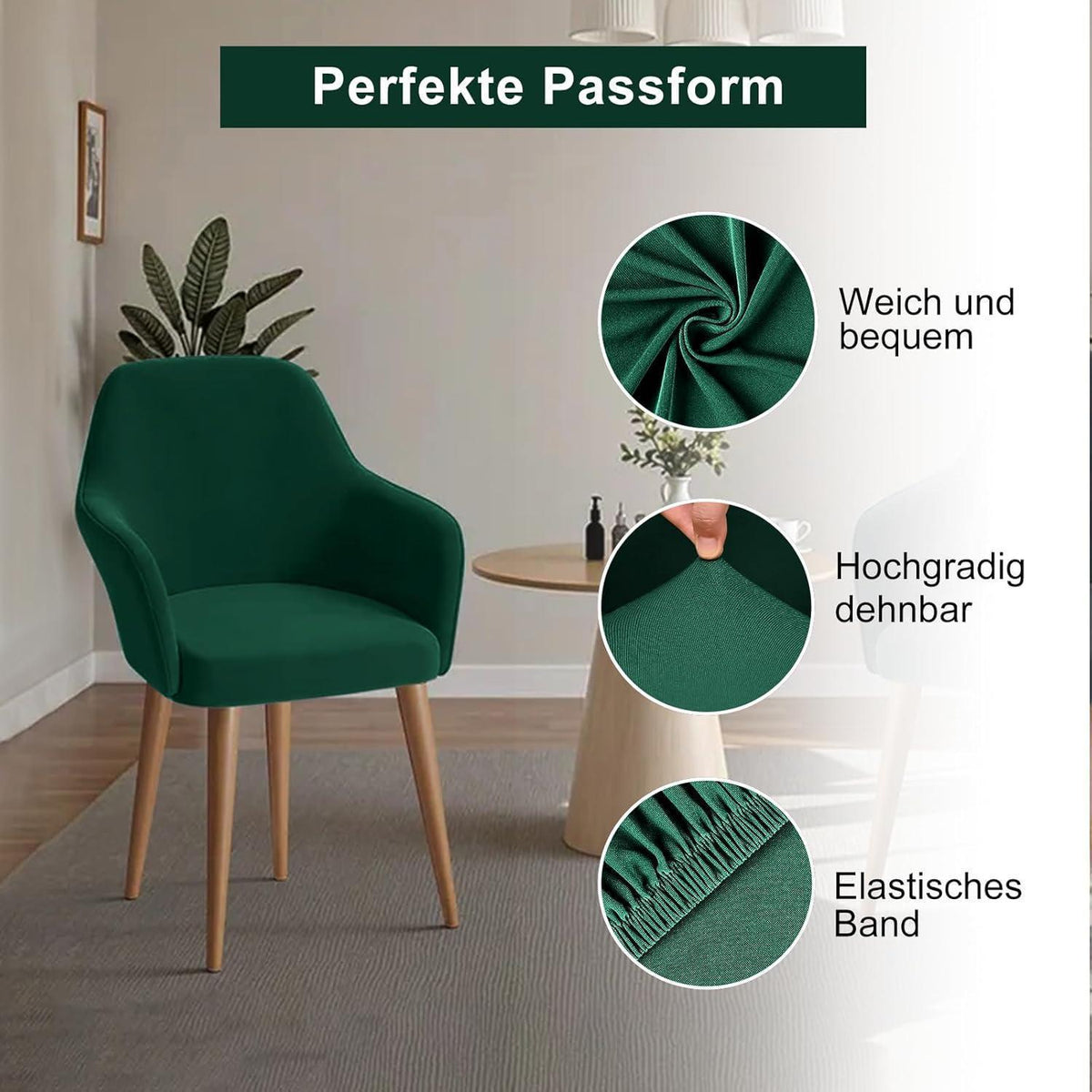 Stretch Stuhlhussen Set 4er – Grün, Abnehmbar & Waschbar