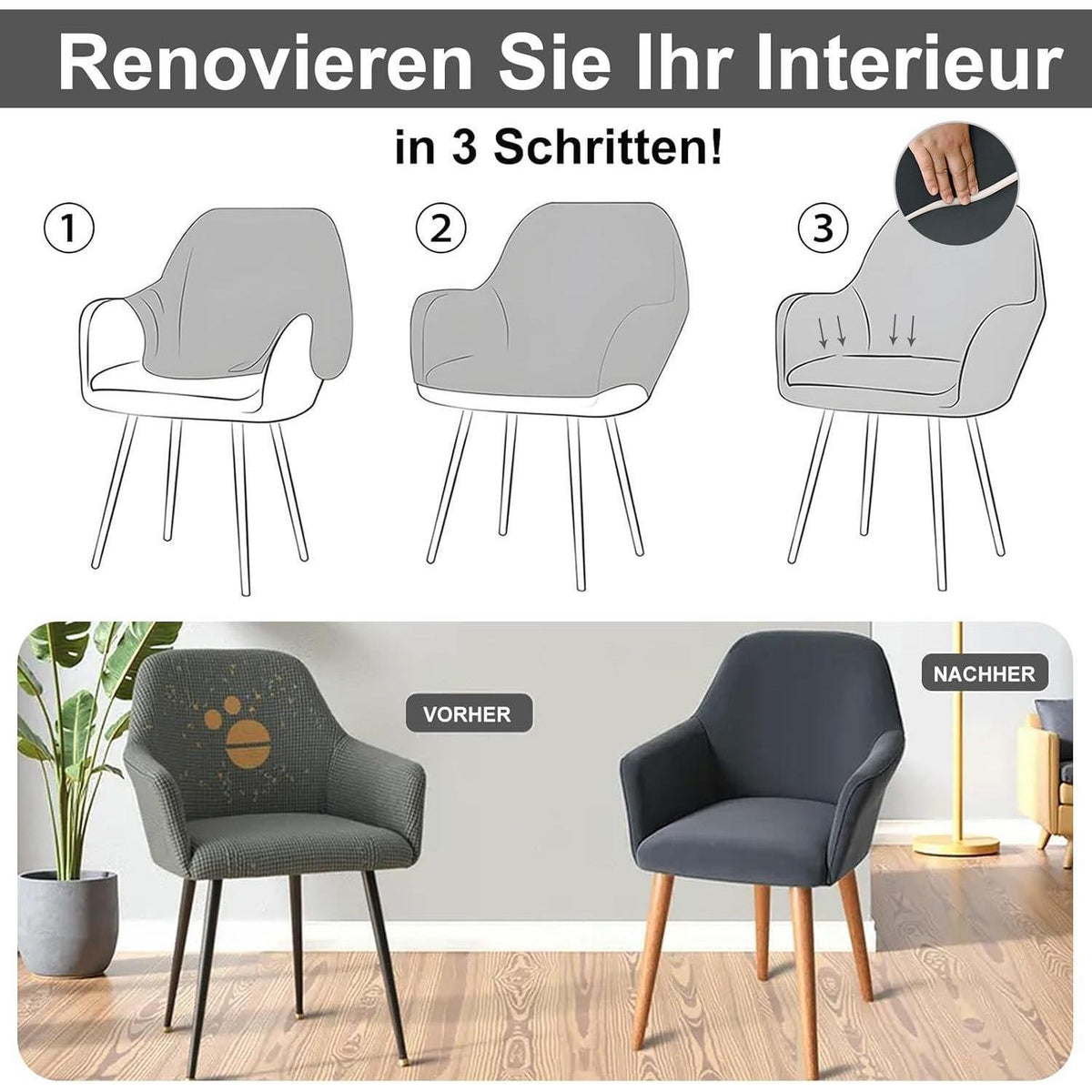 Stretch Stuhlhussen Set Grau – Abnehmbar & Waschbar