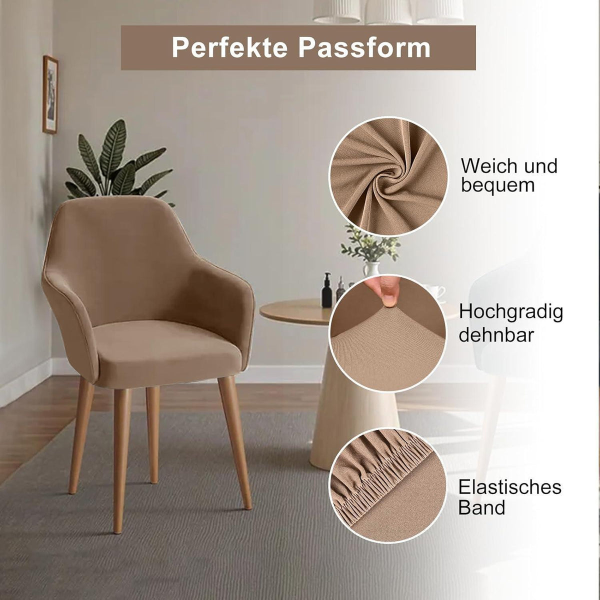 Stretch Stuhlhussen Set – Abnehmbar & Waschbar (Kamel, 4er)
