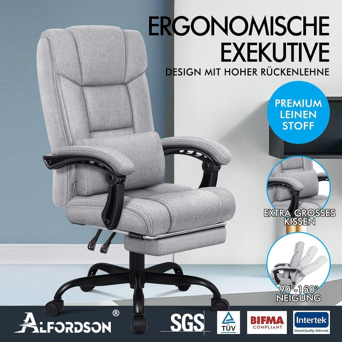 Ergonomischer Bürostuhl mit Netzrücken und Fußstütze, Grau