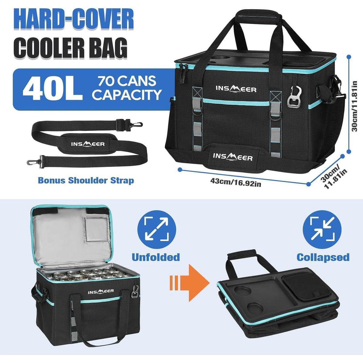 Kühltasche 40L XXL Faltbar – 60 Dosen, Camping & Picknick