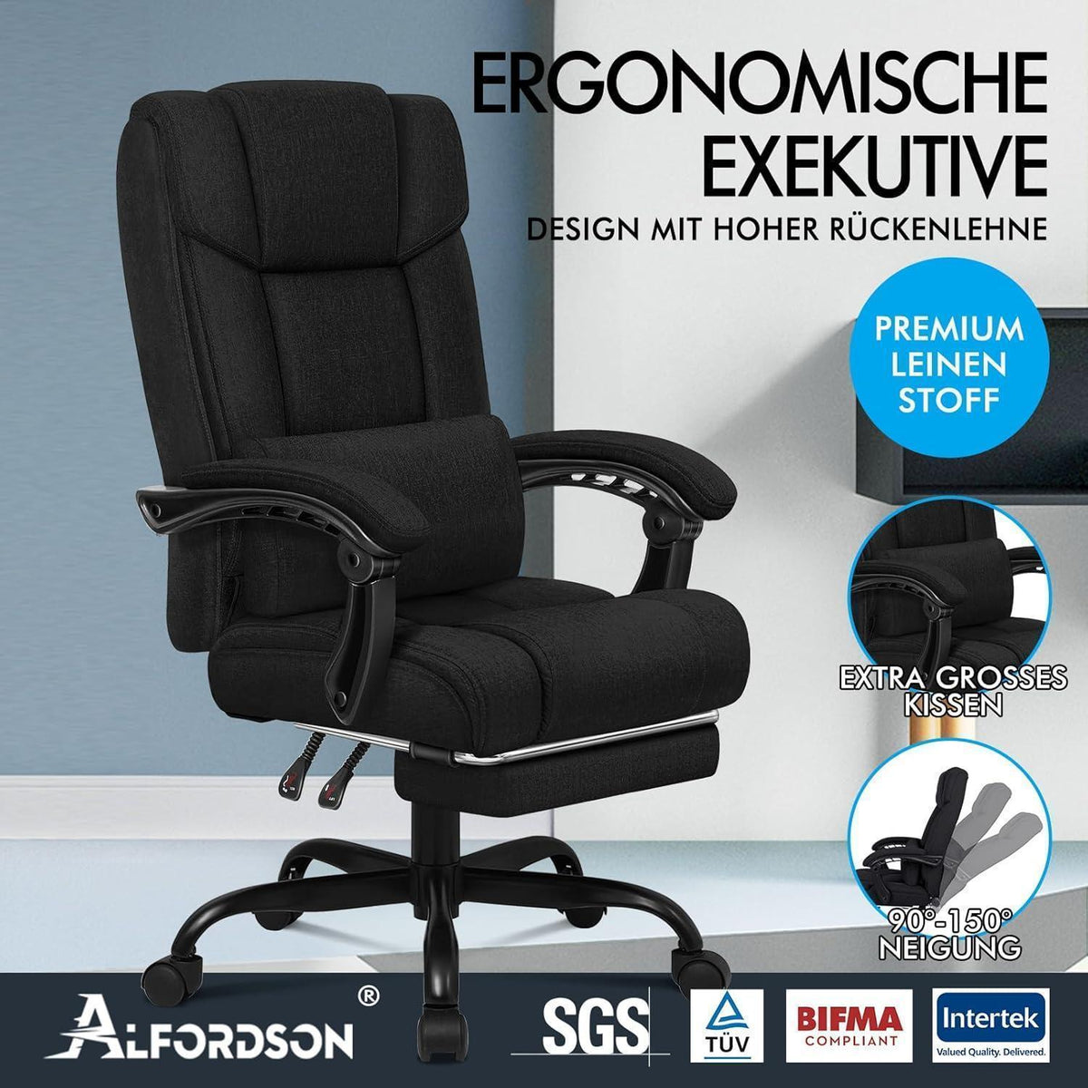 Ergonomischer Bürostuhl mit Hochlehner und Fußstütze, Schwarz