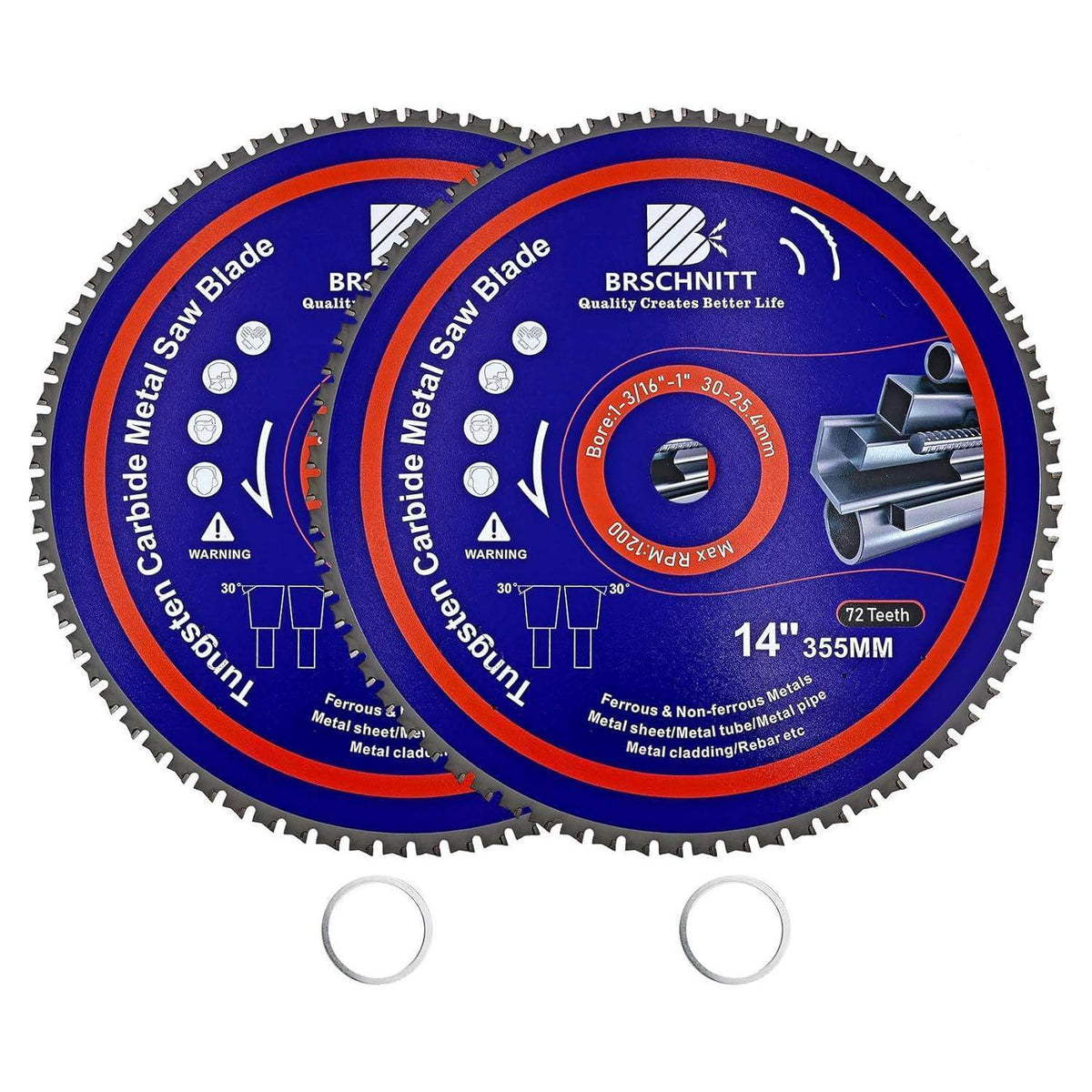 Kreissägeblatt Metall 355mm 72T TCT 30/25.4mm 2 Stück