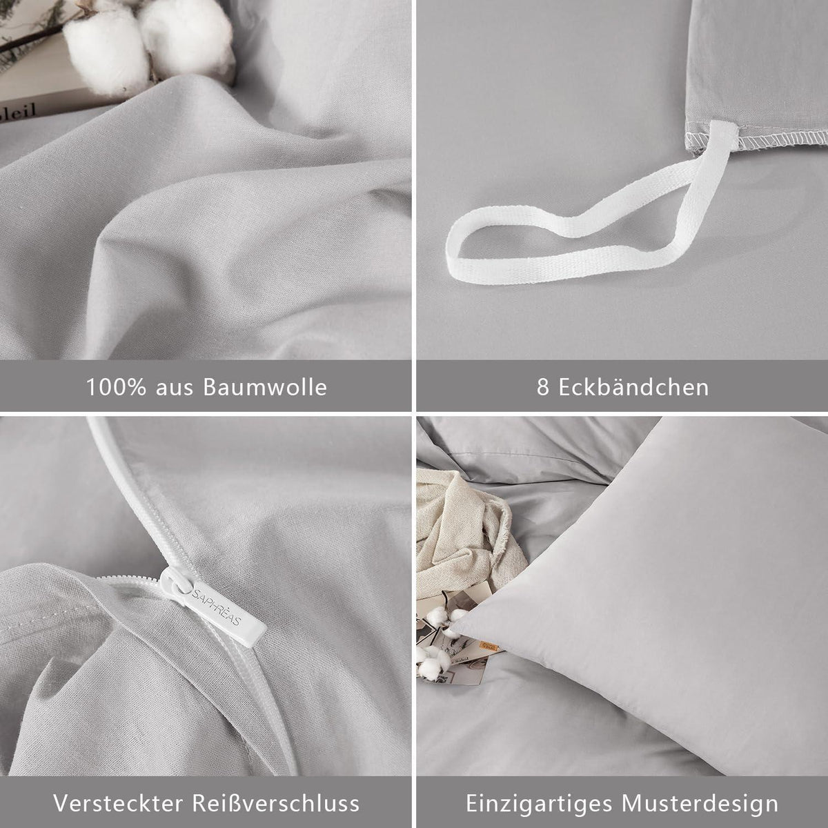 Gewaschene Baumwoll Bettwäsche Set 200x220 Hellgrau 3tlg.