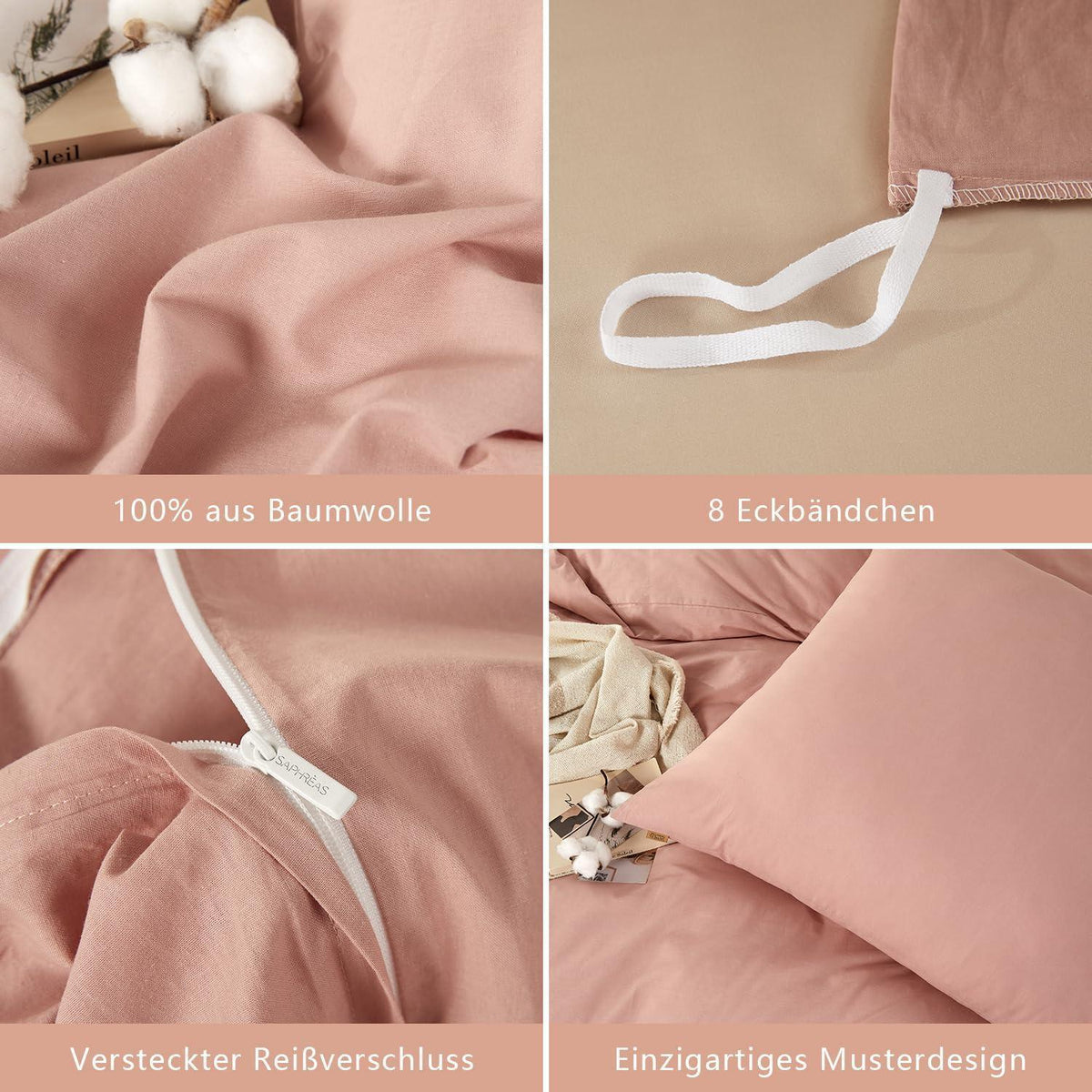 Gewaschene Baumwoll Bettwäsche Set 200x200 cm, Altrosa Rose