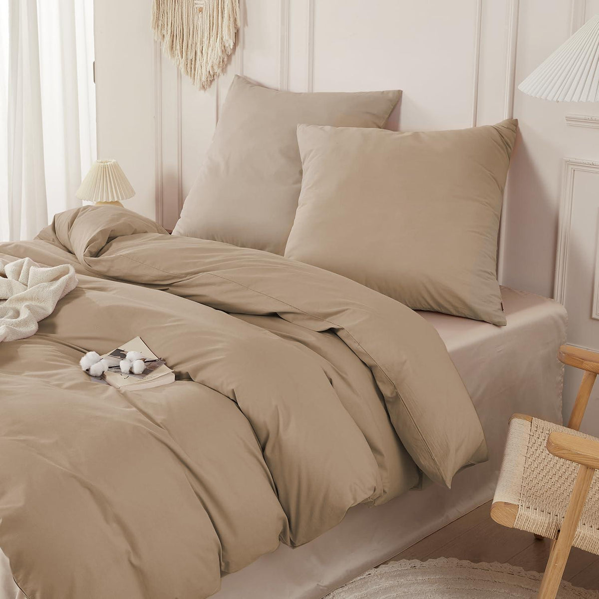 3tlg. Bettwäsche-Set 200x220 cm, Khaki Baumwolle, Washed Leinen Optik
