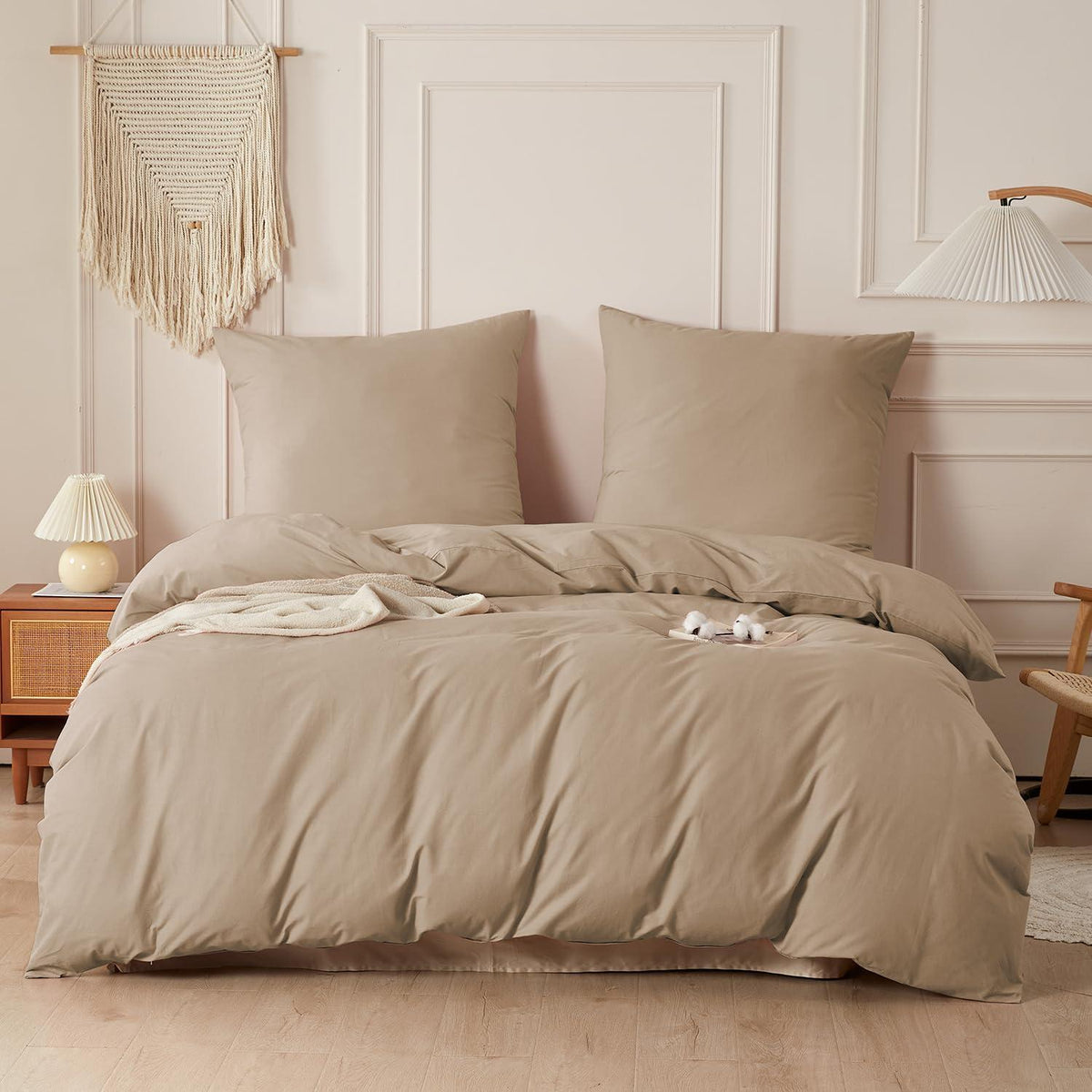 3tlg. Bettwäsche-Set 200x220 cm, Khaki Baumwolle, Washed Leinen Optik