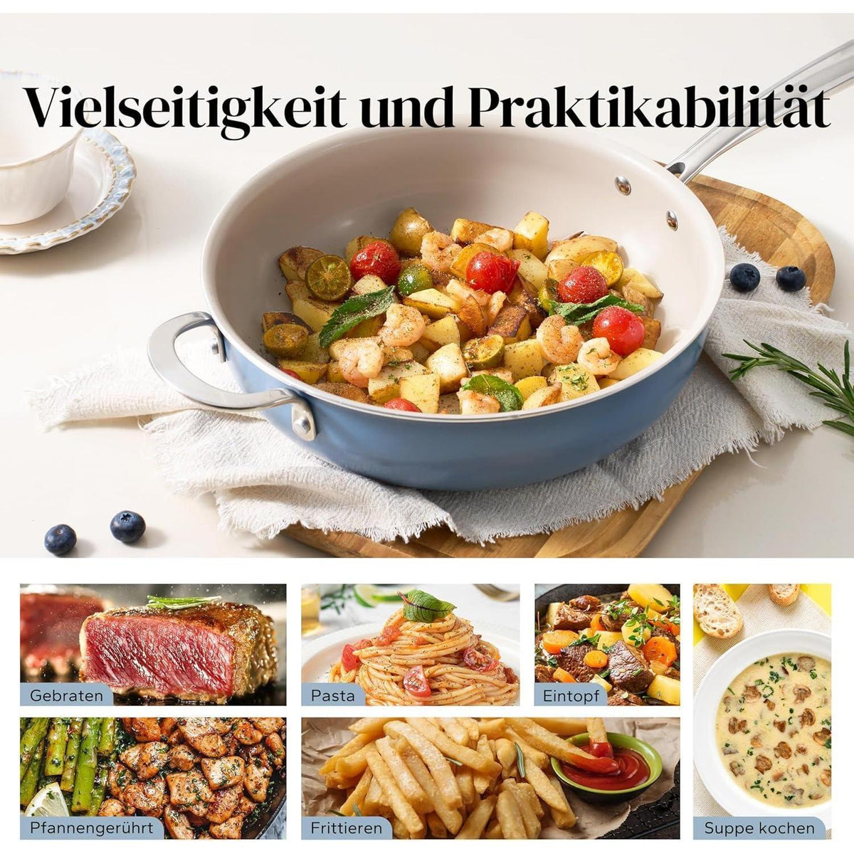 Bratpfanne 28cm mit Deckel, Keramik Antihaft, Induktion, Backofenfest, Blau