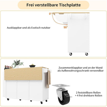 Klappbarer Küchenwagen mit Schiebetüren & Schubladen (Weiß)