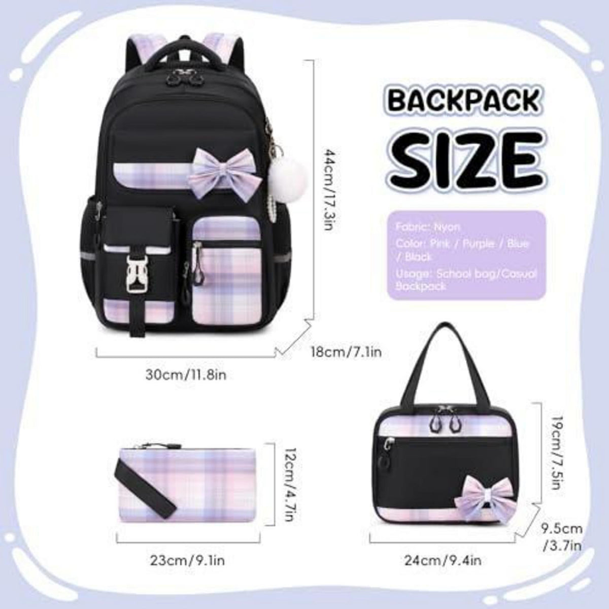 Schulrucksack Mädchen Set 3-tlg. – Schwarz, 3. bis 5. Klasse