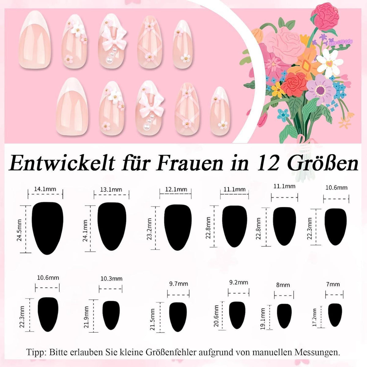 24 French Nägel mit Blume Schleife Design - Mandel Press On Nails