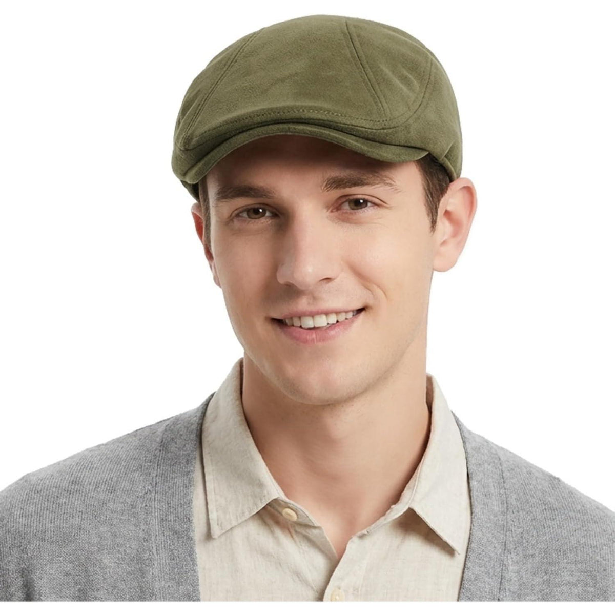 Schiebermütze Herren – Vintage Flat Cap Armeegrün in Lederoptik