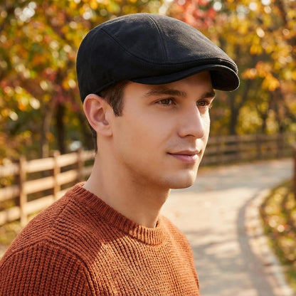 Schiebermütze Herren – Vintage Flat Cap Schwarz in Lederoptik