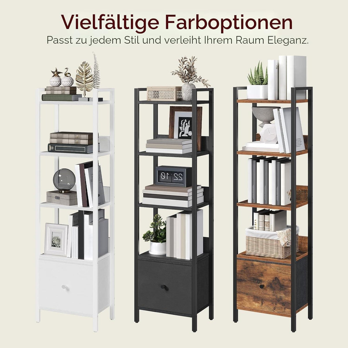 Standregal mit Schublade – Weißes Bücherregal 5 Ebenen