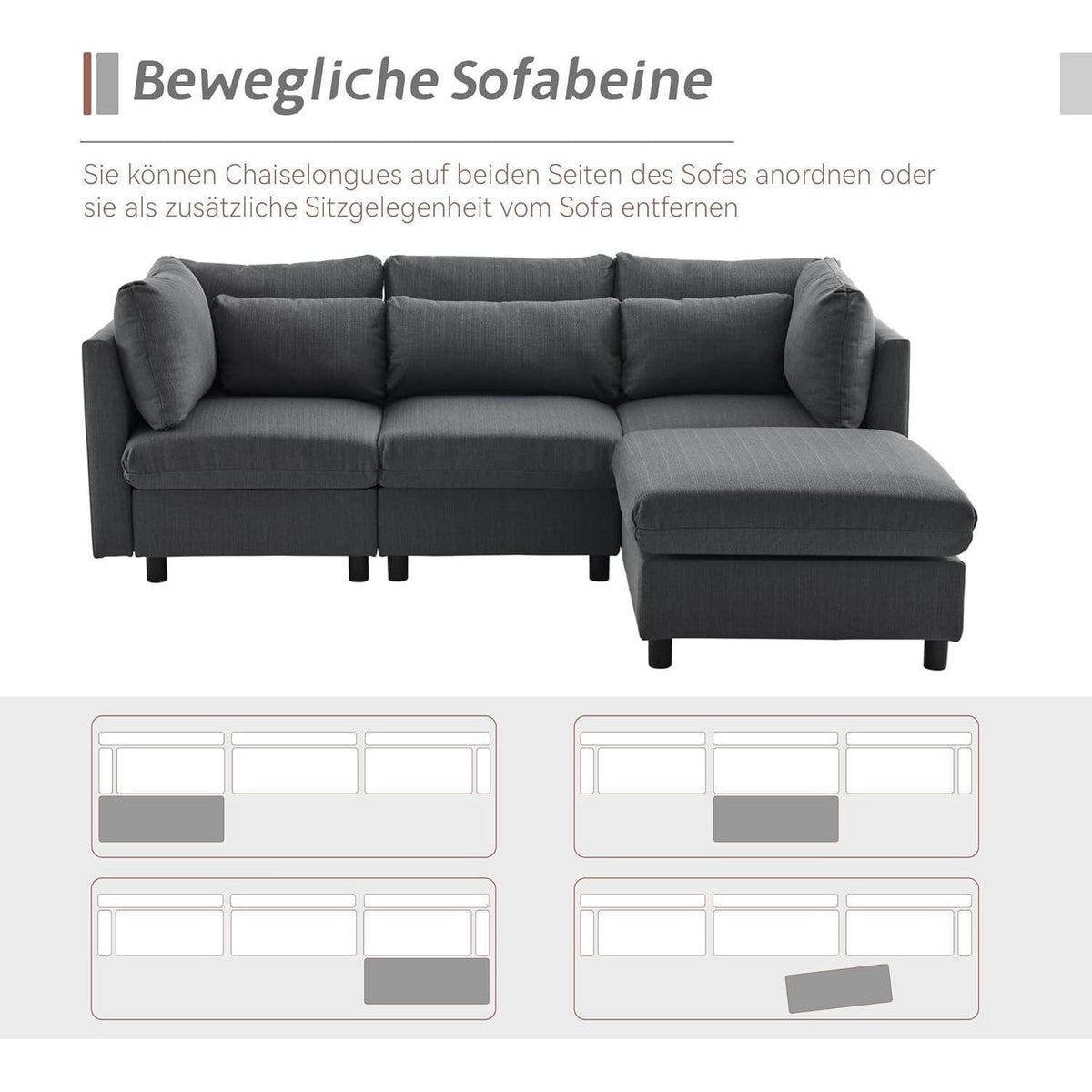Graues Ecksofa 220cm mit Fußhocker & Lendenkissen