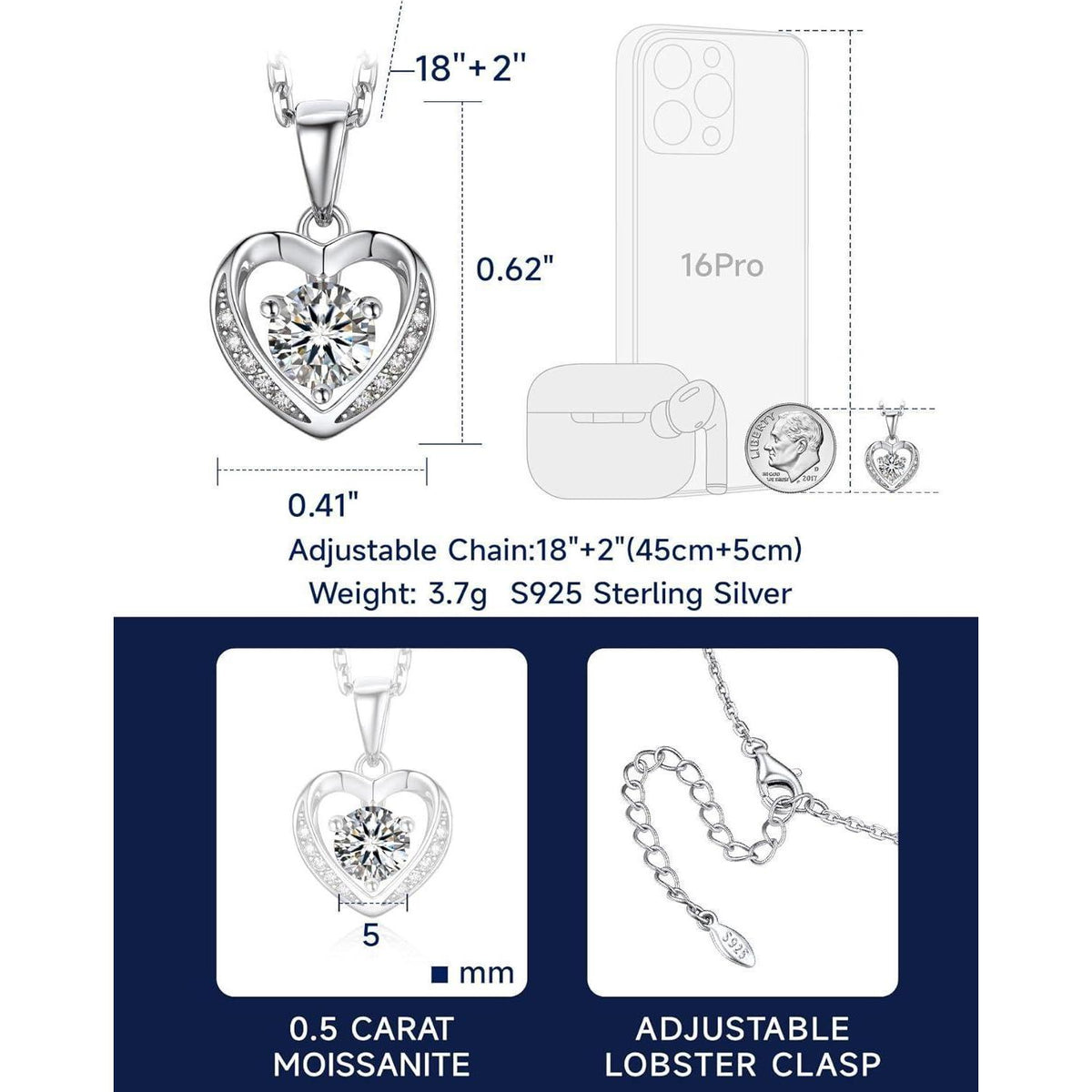 Silberkette Damen 925 Herzanhänger mit 0,5 Karat Moissanite