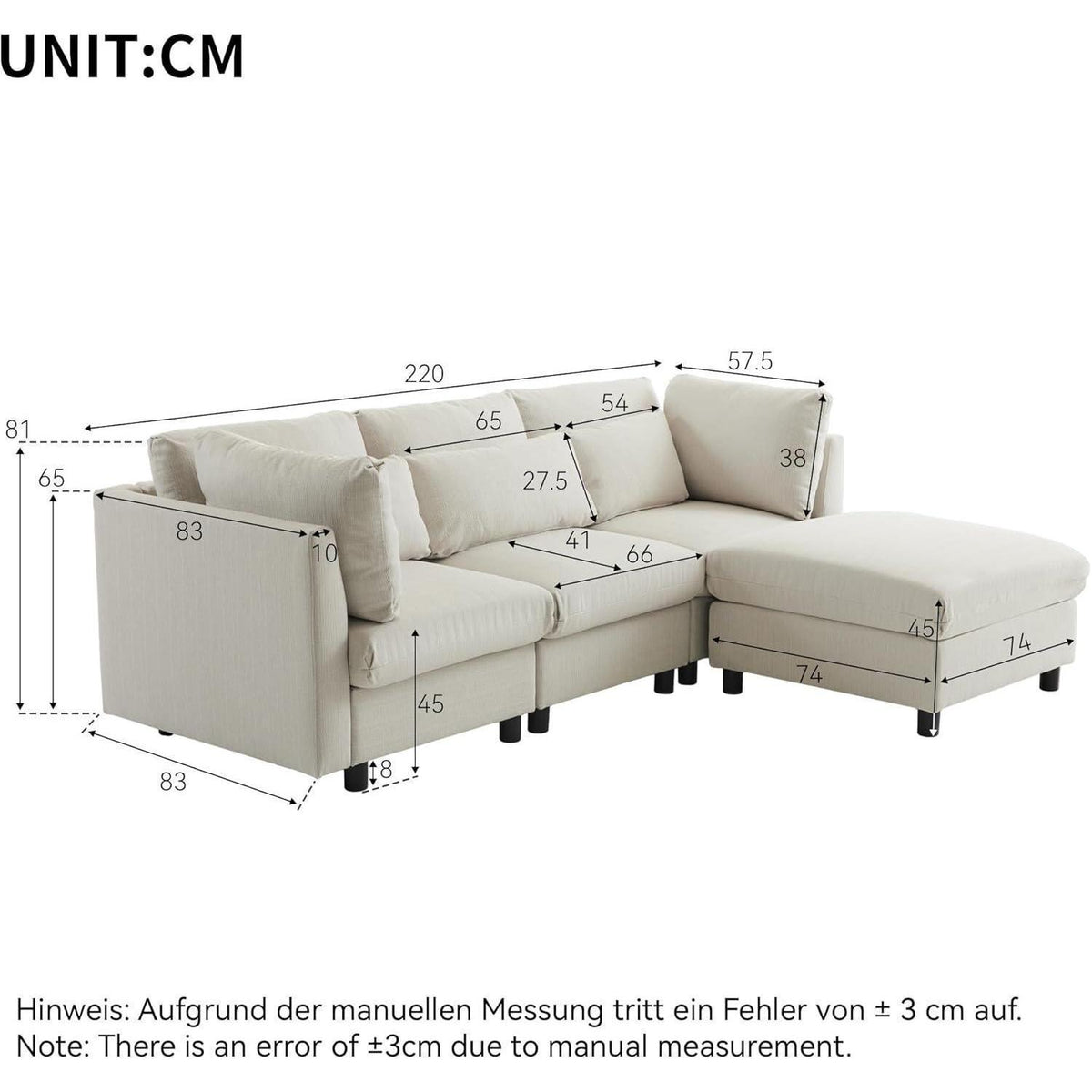Ecksofa 220cm mit Fußhocker – Bequemes L-Form Sofa in Beige
