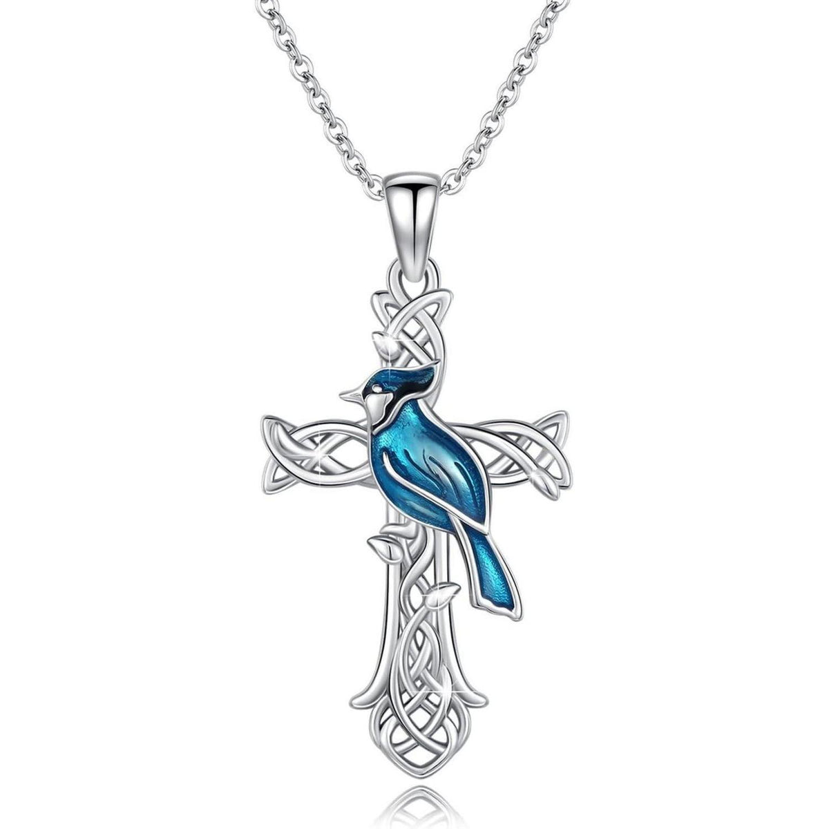 925 Sterling Silber Tier Halskette mit Blauhäher Kreuz Anhänger