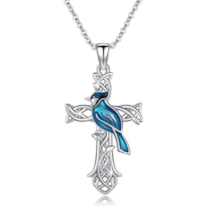 925 Sterling Silber Tier Halskette mit Blauhäher Kreuz Anhänger