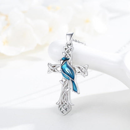 925 Sterling Silber Tier Halskette mit Blauhäher Kreuz Anhänger