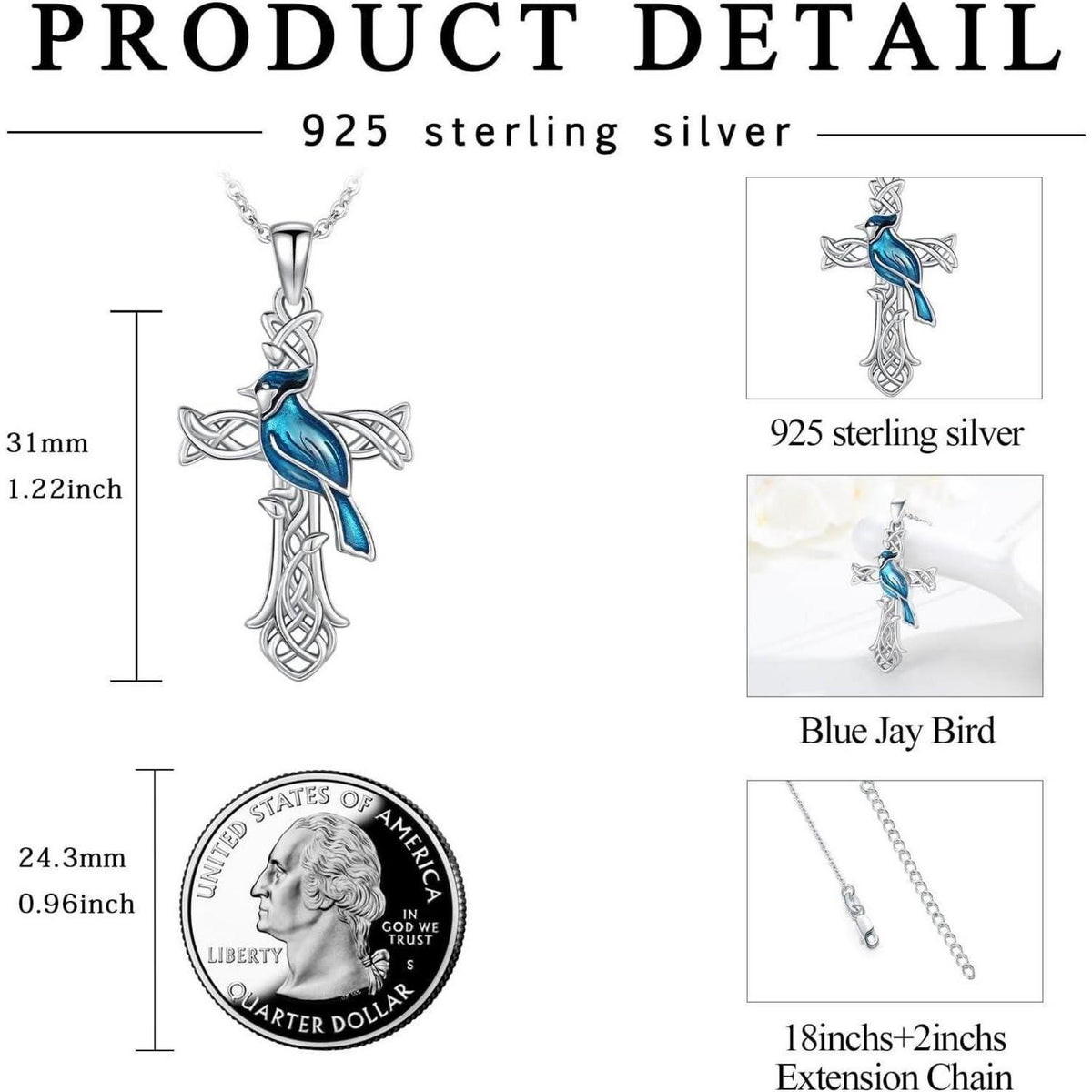 925 Sterling Silber Tier Halskette mit Blauhäher Kreuz Anhänger