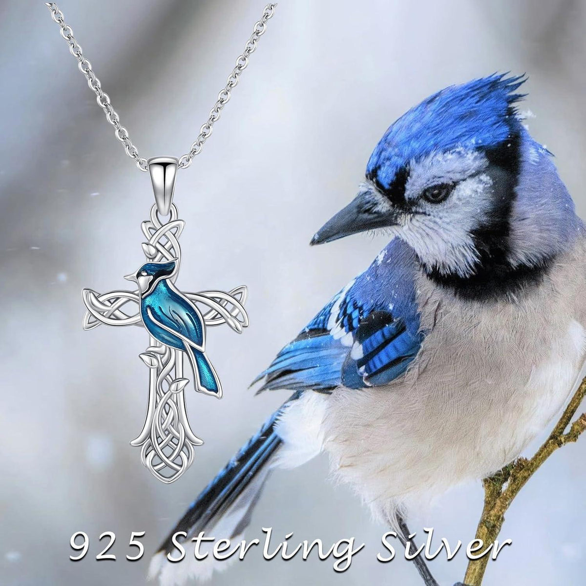 925 Sterling Silber Tier Halskette mit Blauhäher Kreuz Anhänger