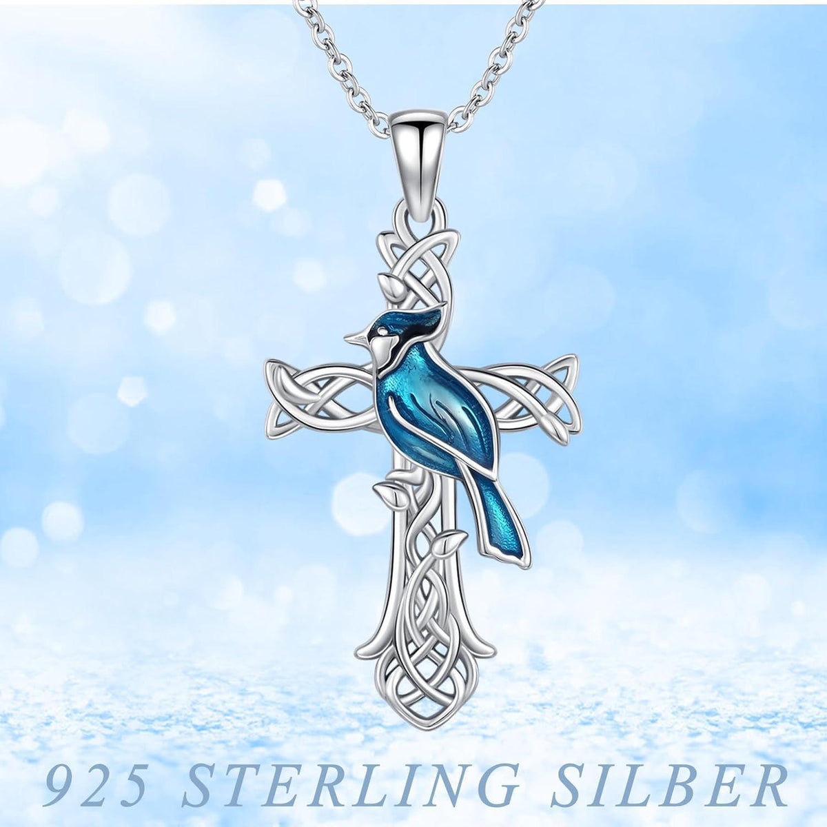 925 Sterling Silber Tier Halskette mit Blauhäher Kreuz Anhänger