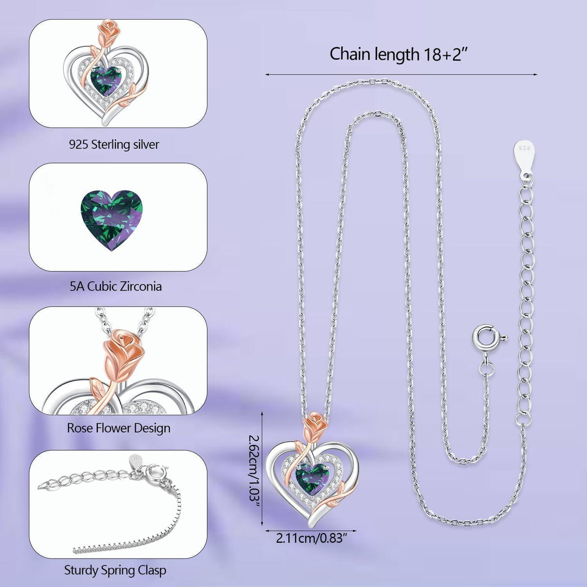Silber Halskette Damen 925 Herz Rose Geburtsstein Kette