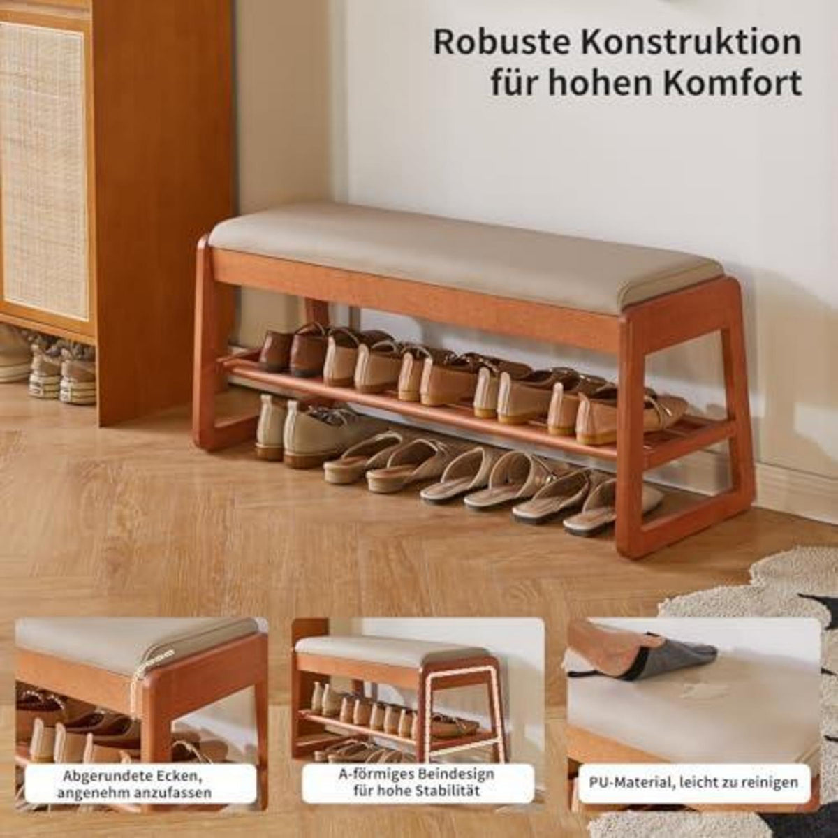 Schuhbank mit Kissen & Stauraum – 100cm Kirschholz