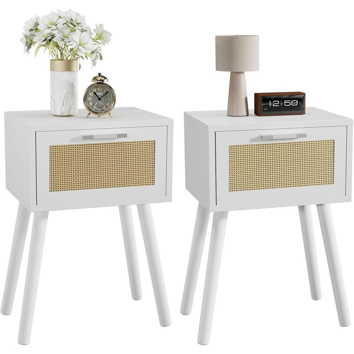 2er Set Rattan Nachttisch mit Magnetschublade, Weiß