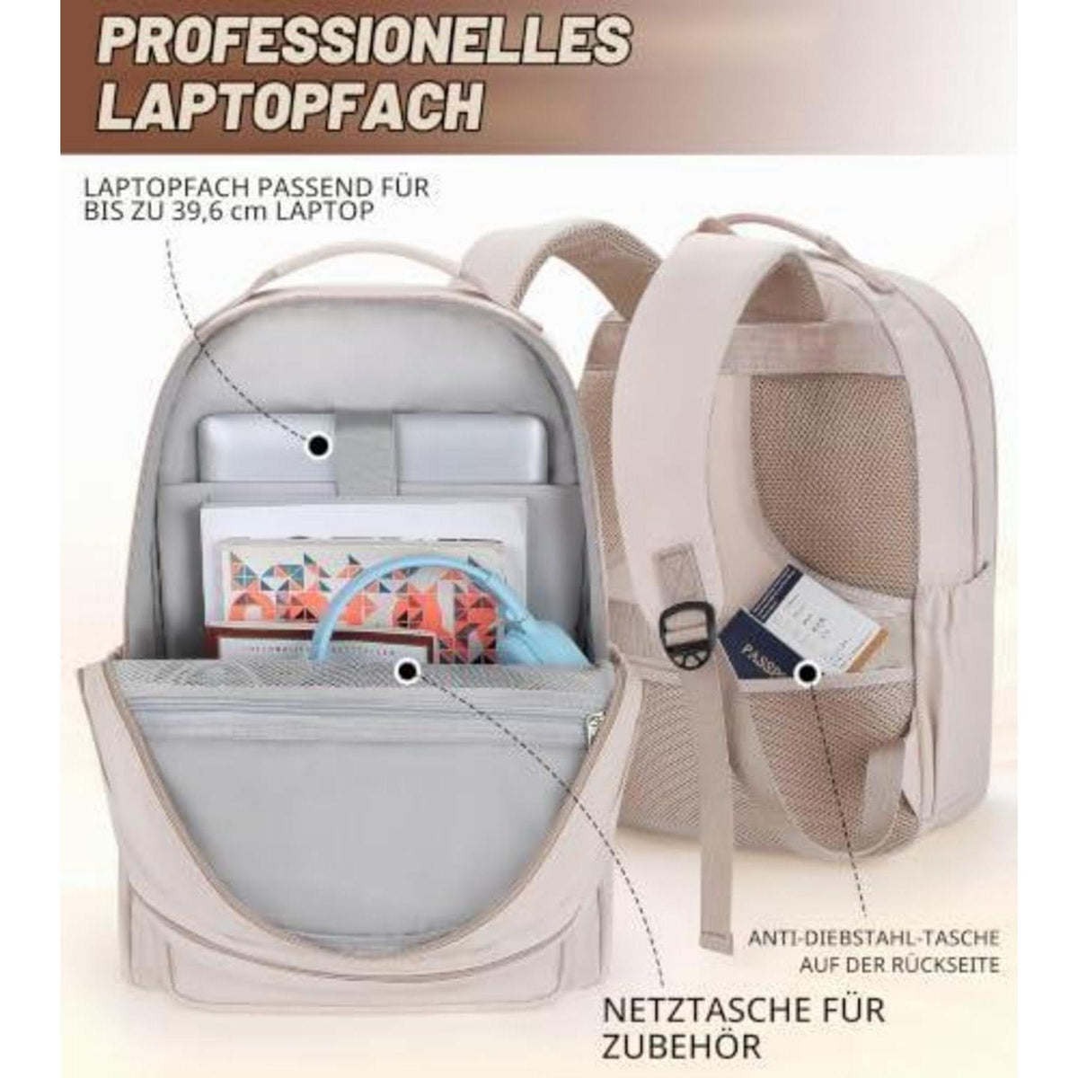Damen Rucksack 15,6 Zoll Laptopfach Wasserdicht Schulrucksack Schwarz Gold