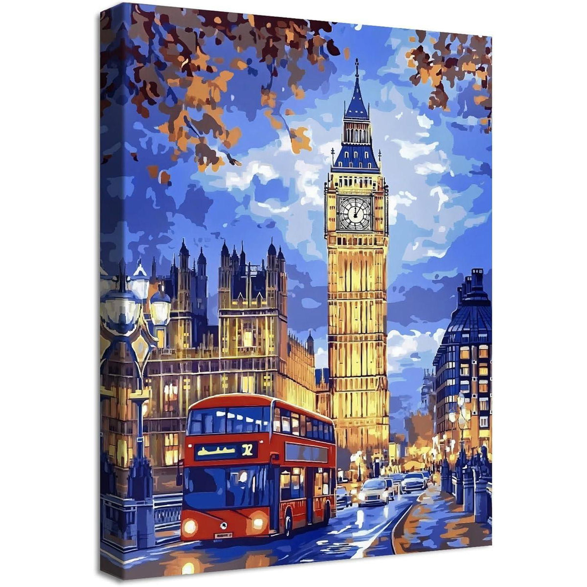 Londoner Stadtbild: Big Ben & Roter Bus Leinwandbild mit Rahmen