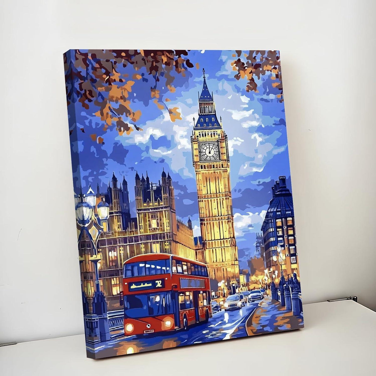 Londoner Stadtbild: Big Ben & Roter Bus Leinwandbild mit Rahmen