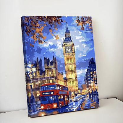 Londoner Stadtbild: Big Ben & Roter Bus Leinwandbild mit Rahmen