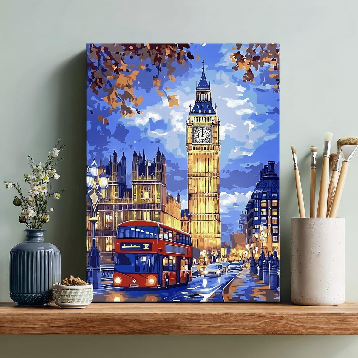 Londoner Stadtbild: Big Ben & Roter Bus Leinwandbild mit Rahmen