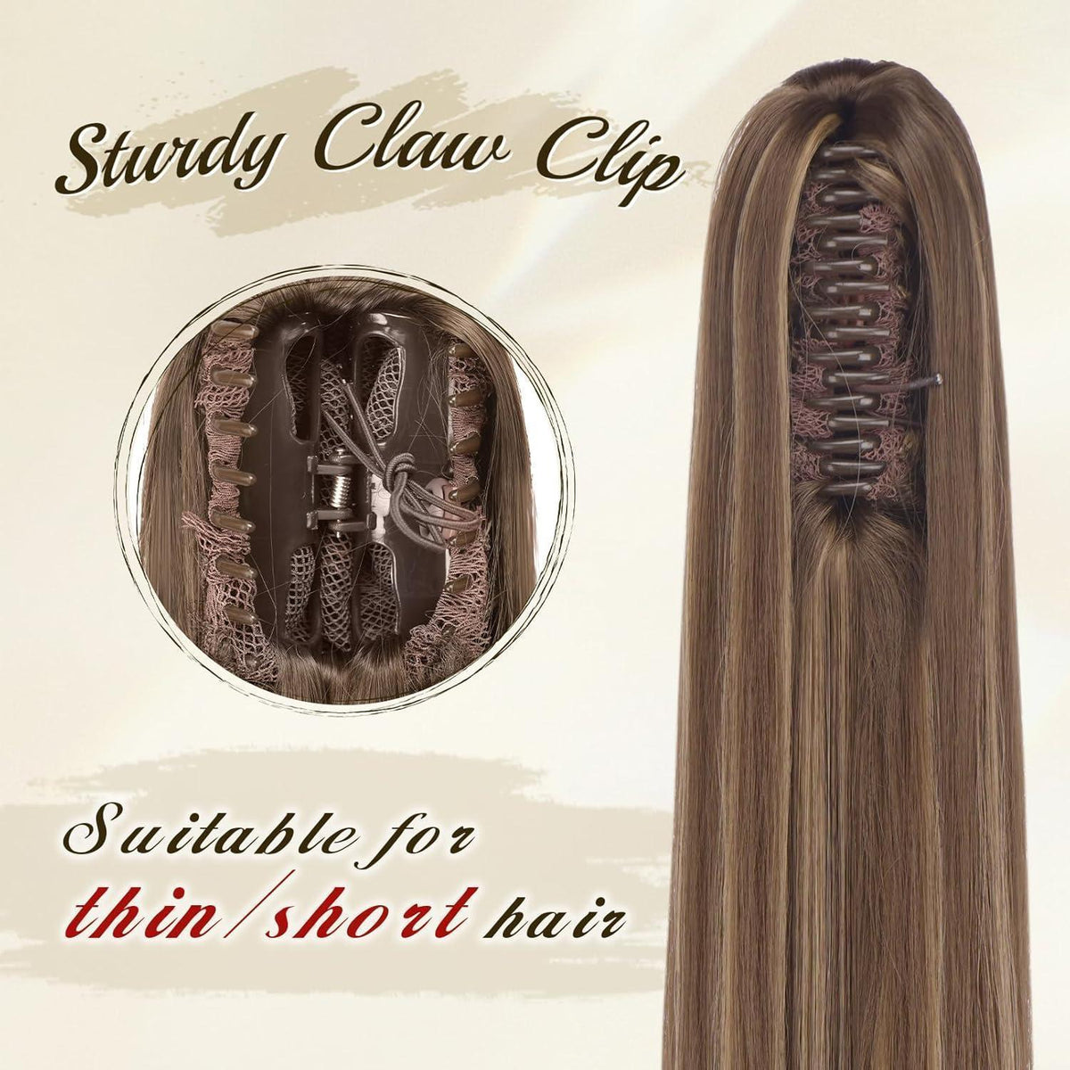 Langer Pferdeschwanz mit Clip & Band – 63cm Honigblond/Hellbraun