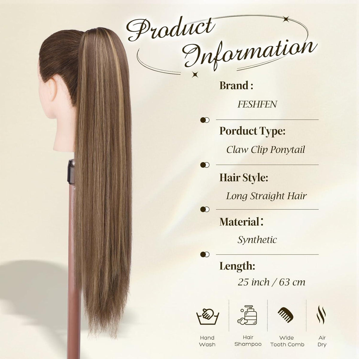 Langer Pferdeschwanz mit Clip & Band – 63cm Honigblond/Hellbraun
