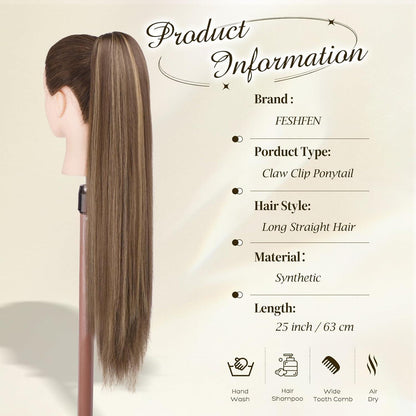 Langer Pferdeschwanz mit Clip & Band – 63cm Honigblond/Hellbraun