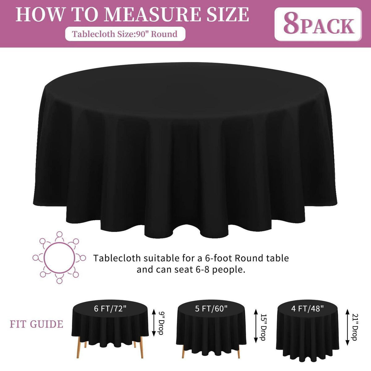 8x Runde Tischdecke Schwarz 229 cm – Polyester, Knitterfrei