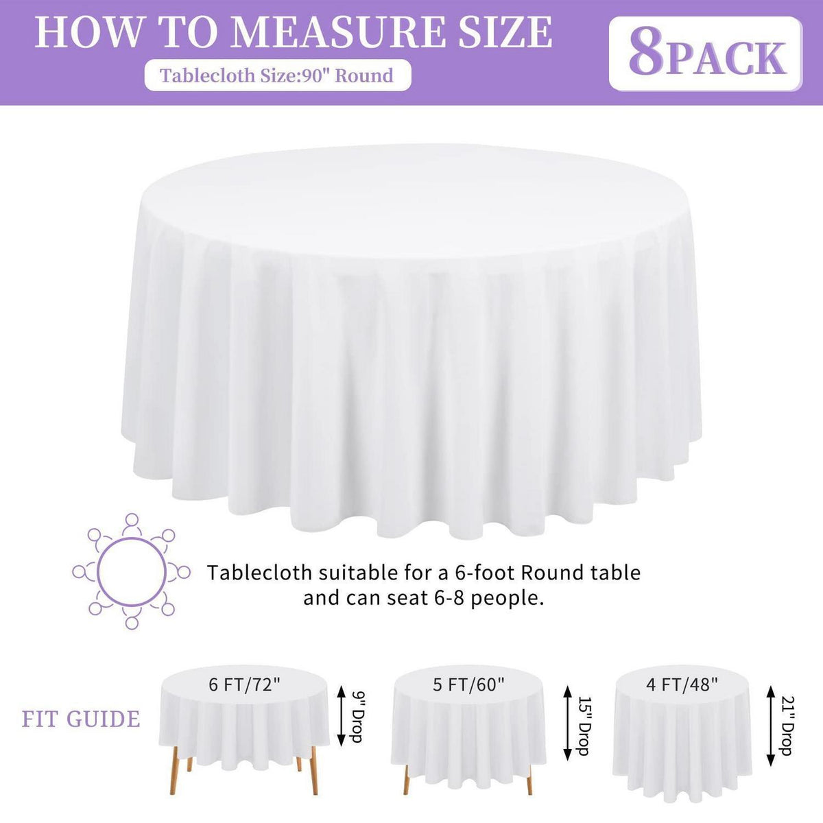 8x Runde Tischdecke Weiß 229 cm – Polyester, Knitterfrei