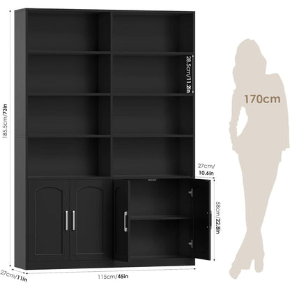 Bücherregal mit Türen & Fächern – Hochschrank 185,5 cm Schwarz