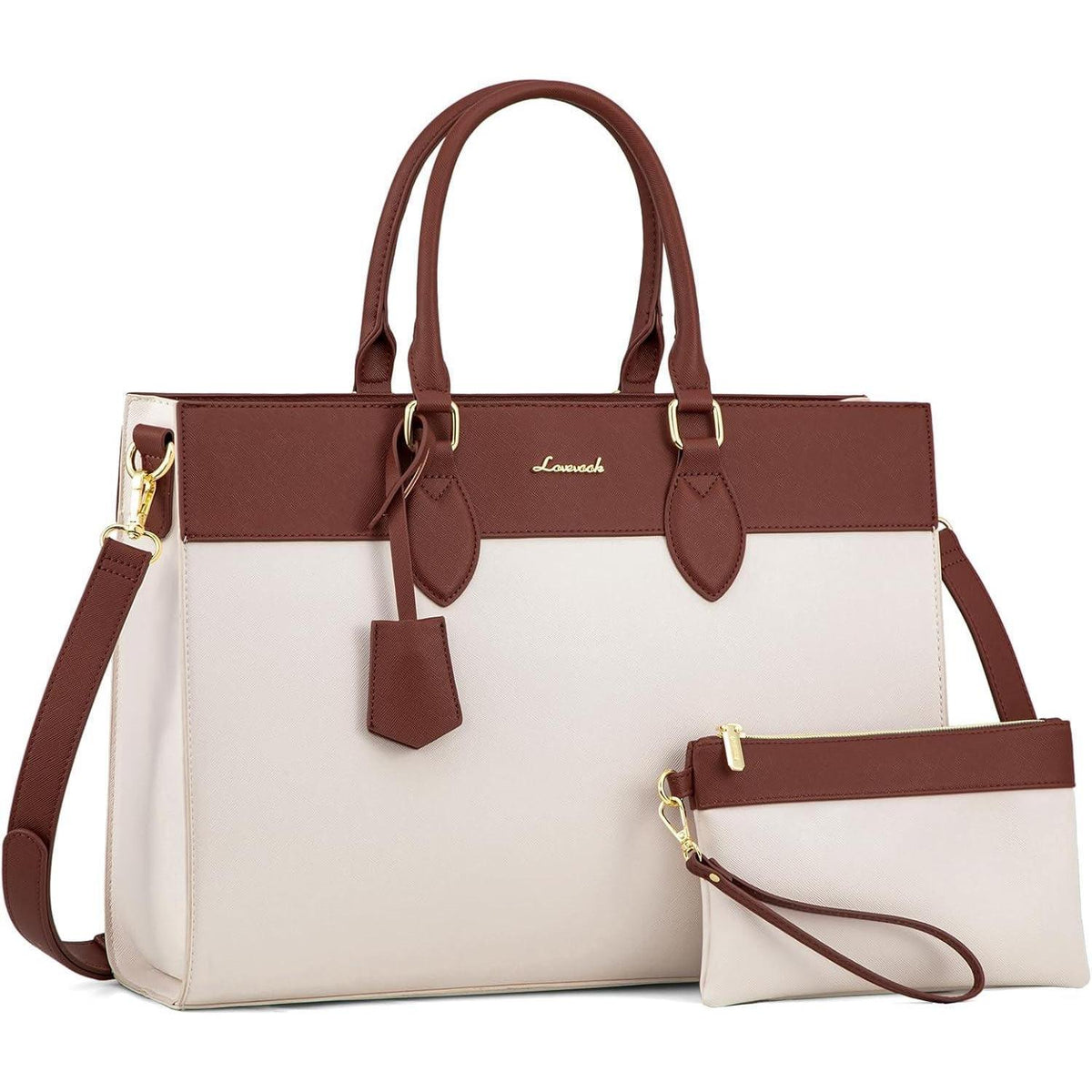 Laptoptasche Damen 15,6 Zoll mit Handgelenktasche, wasserdicht, beige+braun
